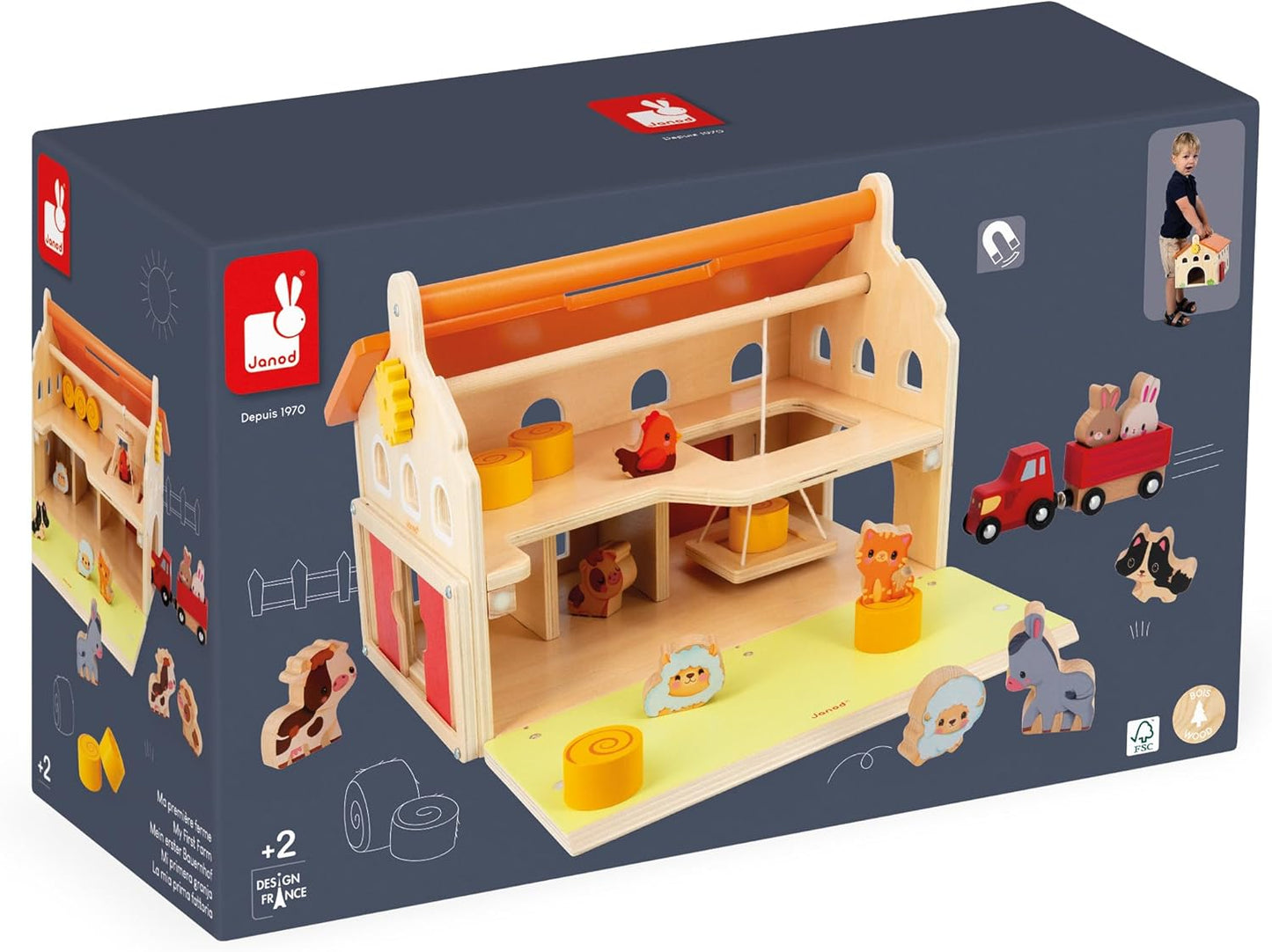 Janod - 'My First Wooden Farmhouse' infantil - 16 acessórios - Brinquedo infantil de simulação - Desenvolve destreza e imaginação - Brinquedo de madeira FSC - 24 meses +, J03318