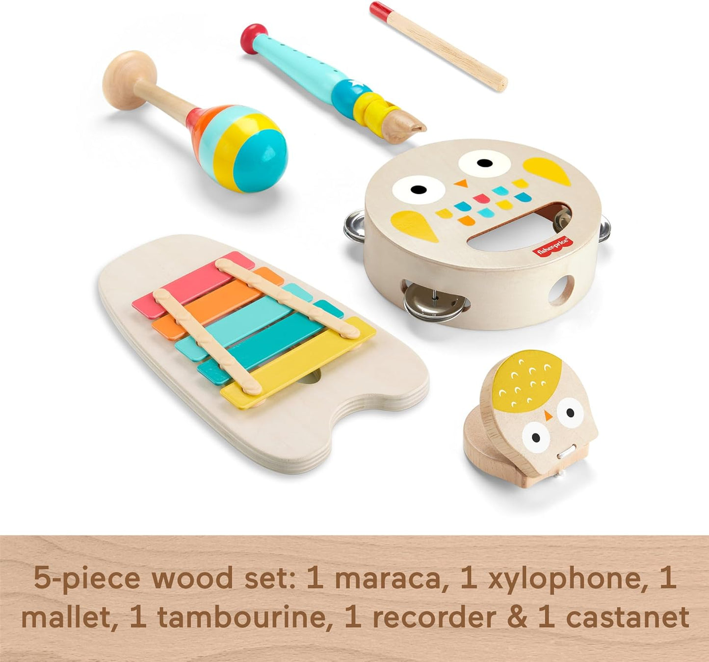 Fisher-Price Set de regalo de instrumentos musicales de madera para niños con 6 piezas de madera para juegos de desarrollo para niños a partir de 2 años, HXT90