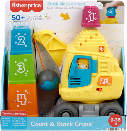 Fisher-Price Baby & Toddler Learning Toy Count & Stack Crane com blocos, luzes, música e sons para bebês a partir de 9 meses, inglês, Reino Unido + francês + alemão, versão