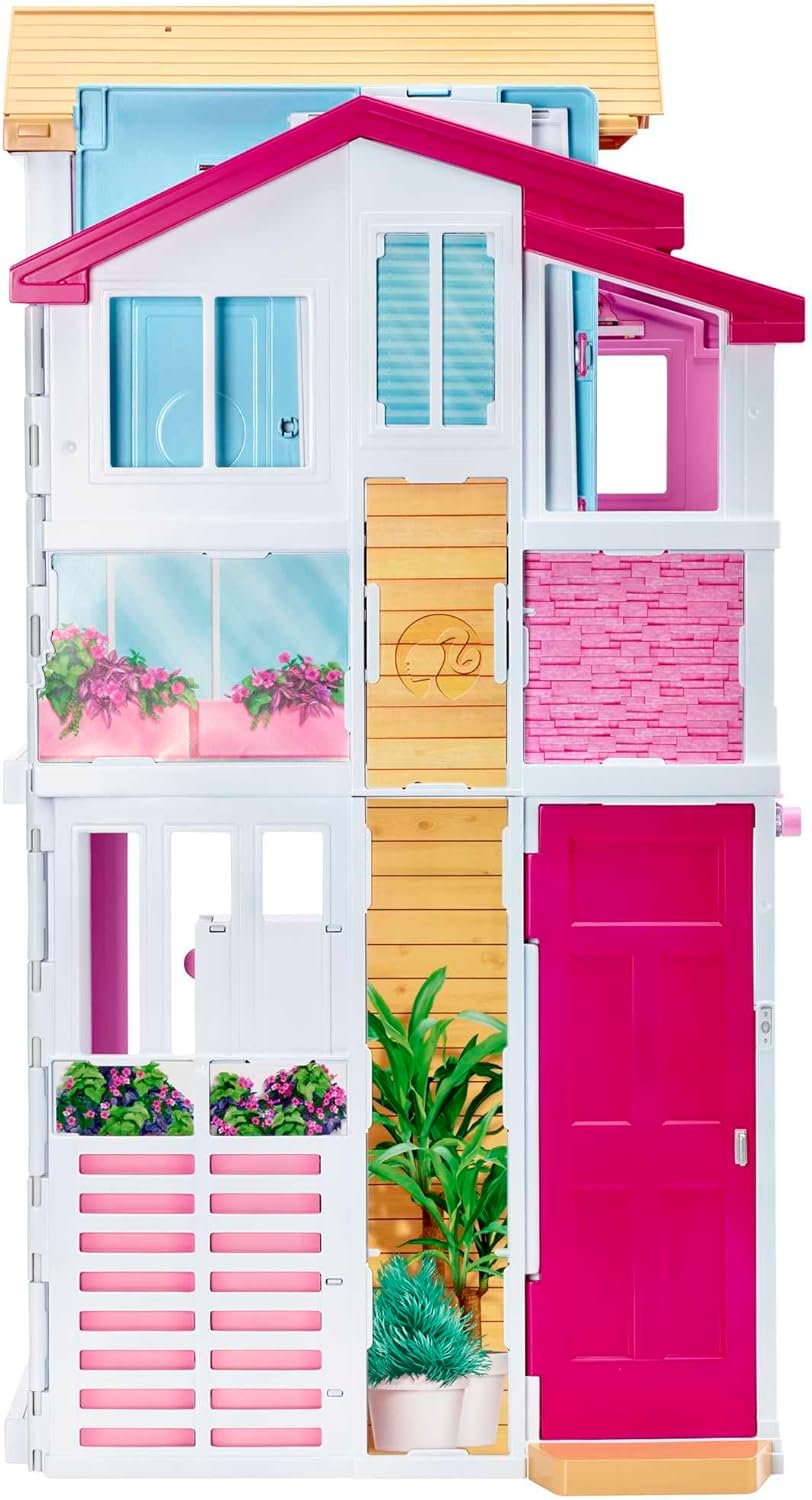 Barbie Casa de bonecas de 3 andares com elevador, cadeira de balanço, móveis e acessórios, dobrável para portabilidade e viagem, DLY32