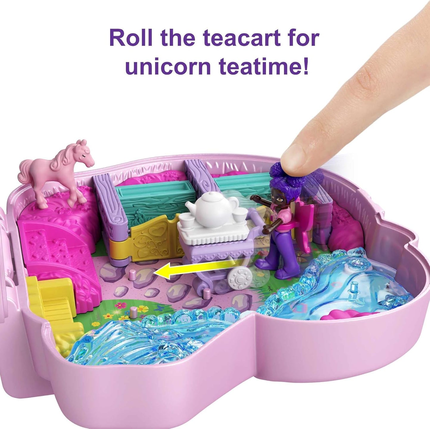 Polly Pocket Unicorn Forest Compact, tema Tea Party, 12 acessórios para brinquedos pop e swap, 2 bonecas Polly Pocket, brinquedos para maiores de 4 anos, um playset Polly Pocket, HCG20