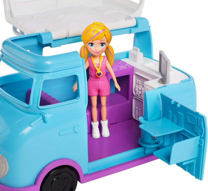 Polly Pocket Van Glamping com tema de acampamento em escala dupla, duas bonecas e acessórios