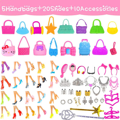 56 piezas de ropa de muñeca para Barbie, accesorios de muñeca, mini vestido, vestido de fiesta, conjunto de bikini, tops, pantalones, bolsos, zapatos, accesorios de joyería, estilo aleatorio para muñeca de niña de 11,5 pulgadas