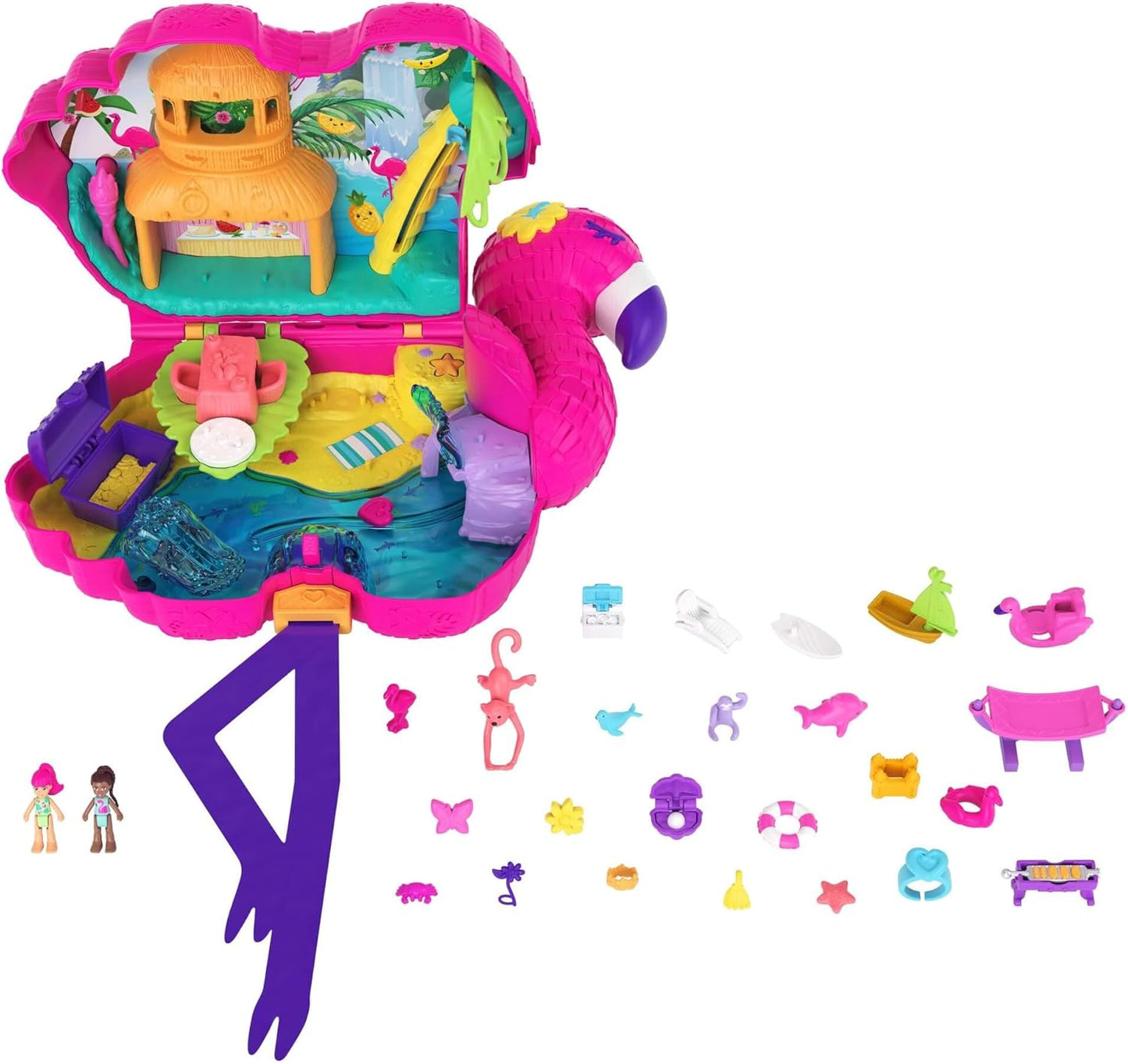 Polly Pocket Flamingo Party Large Compact, 26 surpresas (incluindo bonecas Margot e Friend), recurso Pop & Swap, 4 ou mais