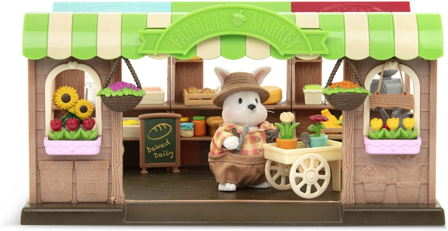 Li'l Woodzeez Market Playset – Hoppin’ Farmer’s Market – Conjunto de brinquedos de 67 peças – Brinquedos de família para crianças a partir de 3 anos