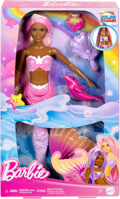 Barbie  Mermaid Doll, “Malibu” with Pink Hair, Styling Accessories, Pet Dolphin and Water-Activated Color Change Feature, HRP97