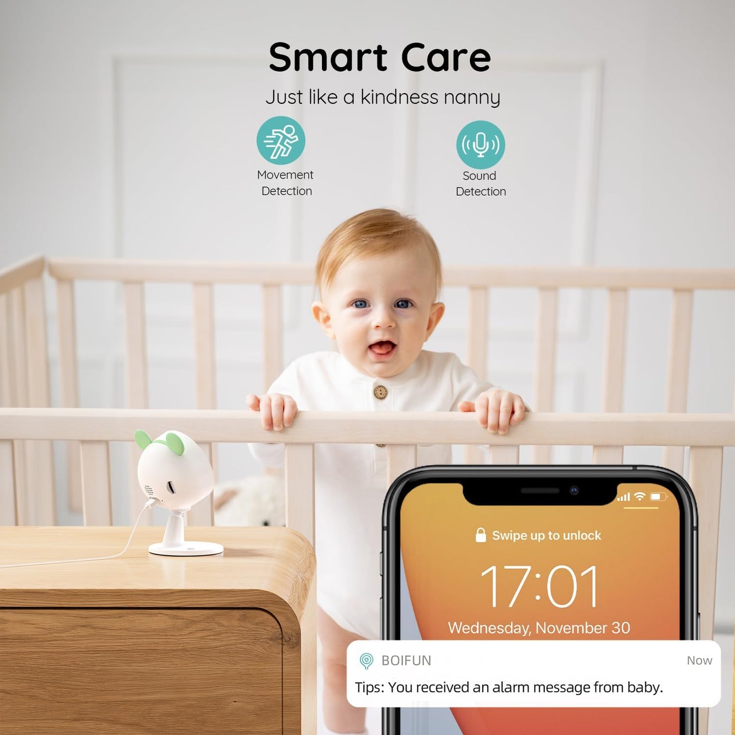 BOIFUN Monitor de vídeo para bebês com câmera 1080P, controle de aplicativo de smartphone WiFi, detecção de movimento e som, visão noturna, área de alarme, áudio bidirecional, sensor de temperatura e umidade, 4XZoom, compatível com iOS/Android