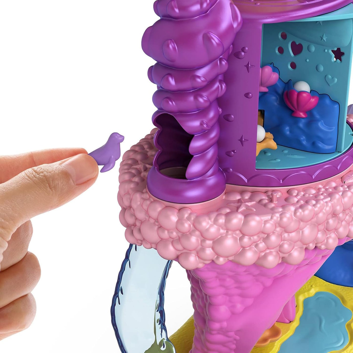 Polly Pocket Conjunto de brinquedos Rainbow Funland Mermaid Cove Ride, bonecas Polly e sereia, 15 acessórios, recurso de dispensador para surpresas