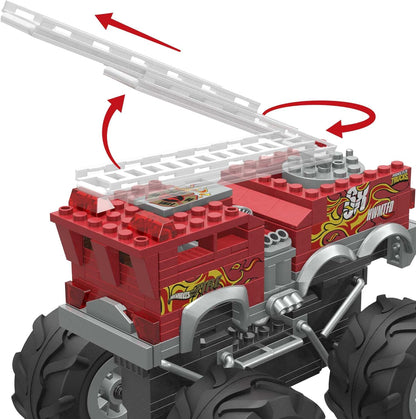 MEGA Conjunto de brinquedos para construção de caminhão monstro Hot Wheels, caminhão de bombeiros com 5 alarmes com 284 peças e rodas gigantes, 1 microfigura de ação, vermelho, idade 5 anos ou mais, HHD19