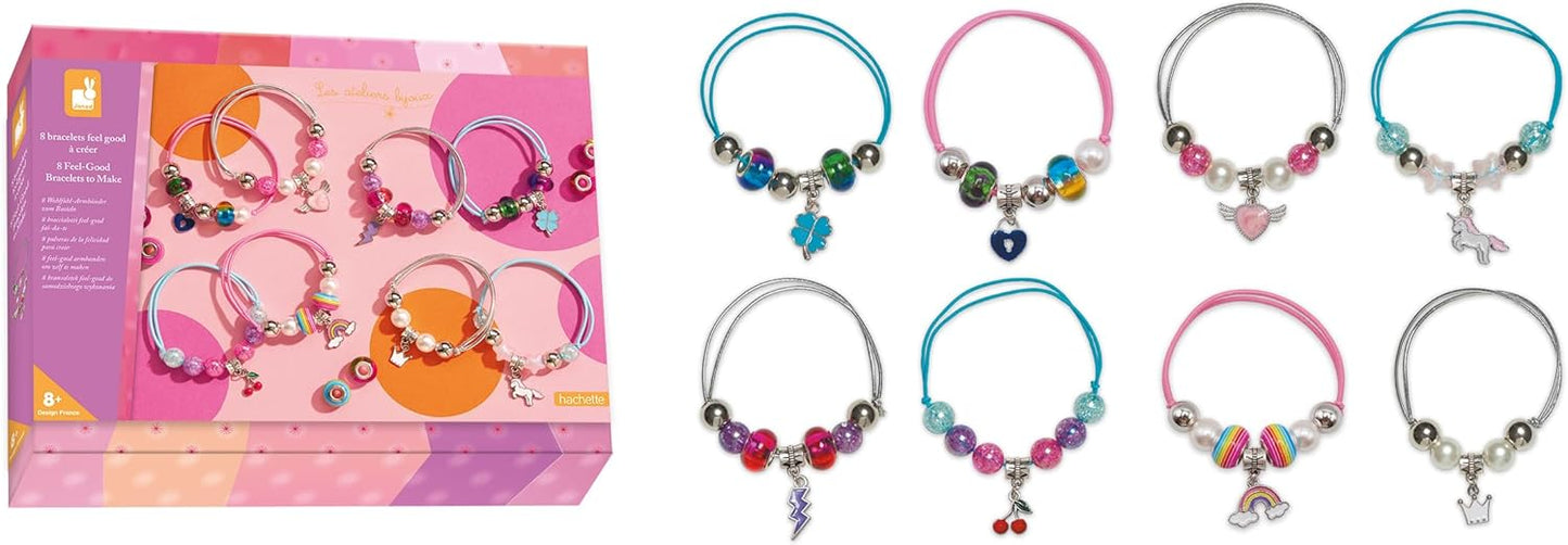 Janod - 8 joyas para crear Feel Good - Talleres de joyería - Fabricación de pulseras DIY - Kit de manualidades para niños - Aprendiendo destreza y concentración - A partir de 8 años