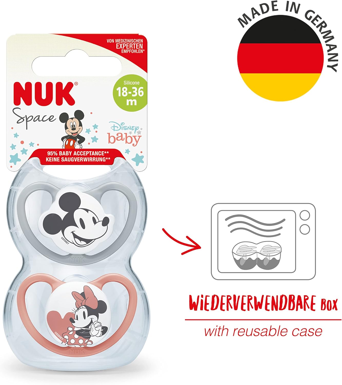 NUK Manequim de bebê do espaço | 18-36 meses | Chupetas com Ventilação Extra | Silicone sem BPA | Mickey e Minnie Mouse | 2 contagem