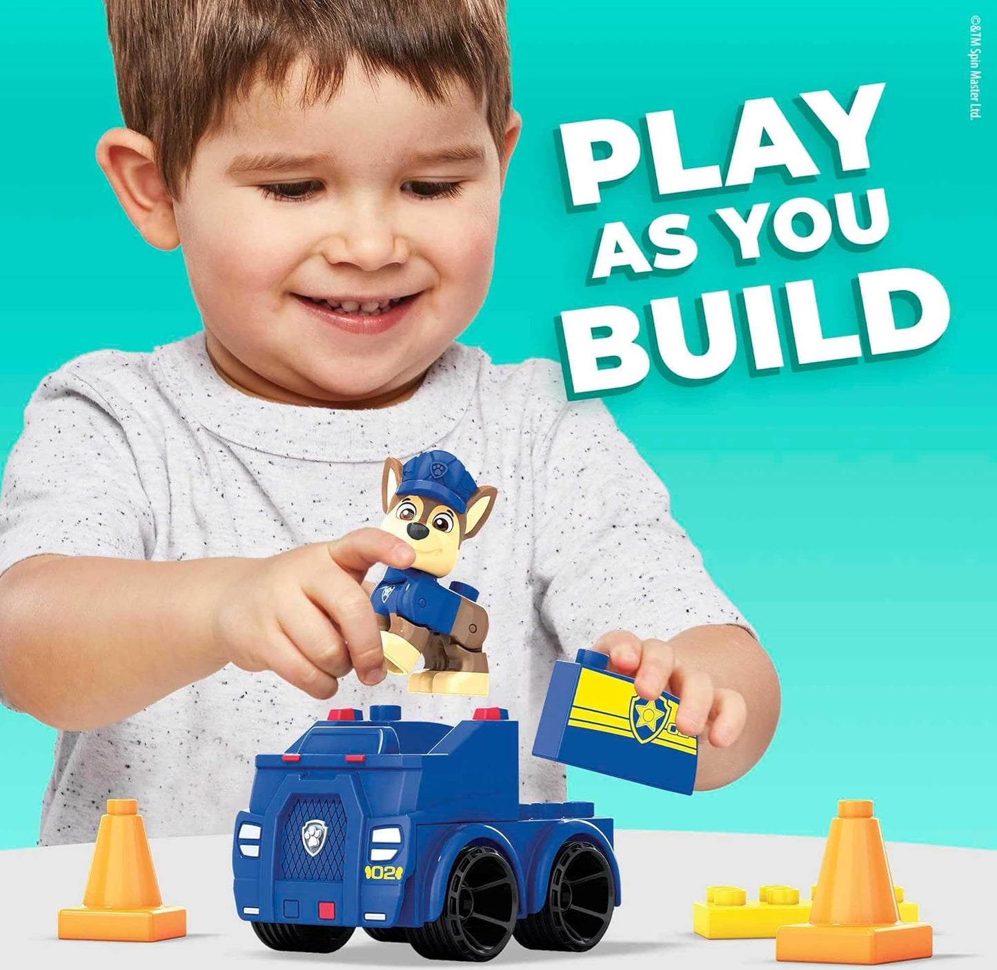 Mega Conjunto de construção de carro de polícia Bloks PAW Patrol Chase - Inclui figura posável de Chase - Blocos de construção magnéticos - Pilões empilháveis - Presente para crianças 3+