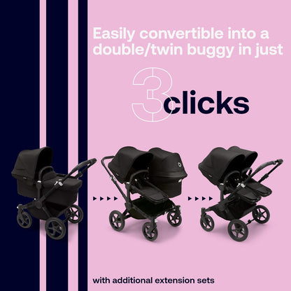 Bugaboo Donkey 5 Mono, Convertible en Cochecito Doble Side-by-Side, Diseño Mejorado, Asiento Reversible, Dirección con Una Mano y Cesta Lateral, Negro Medianoche