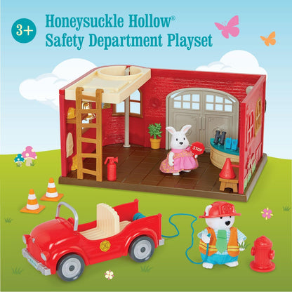 Li'l Woodzeez WZ6828SZ Li’l Woodzeez – Quartel de bombeiros de brinquedo – Conjunto de estatuetas de animais – Caminhão e acessórios – Livro de histórias incluído – 3 anos + – Honeysuckle Hollow Safety Department-Deluxe, Multi