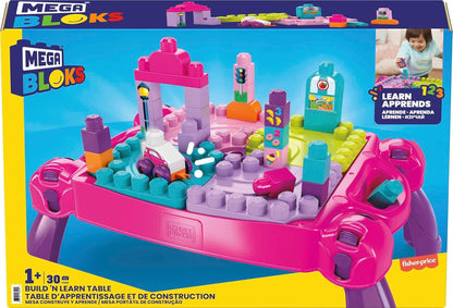 MEGA Blocos de construção para crianças BLOKS Fisher-Price, mesa de atividades para construir e aprender com 30 peças e armazenamento, rosa, crianças de 1 ano ou mais, FFG22