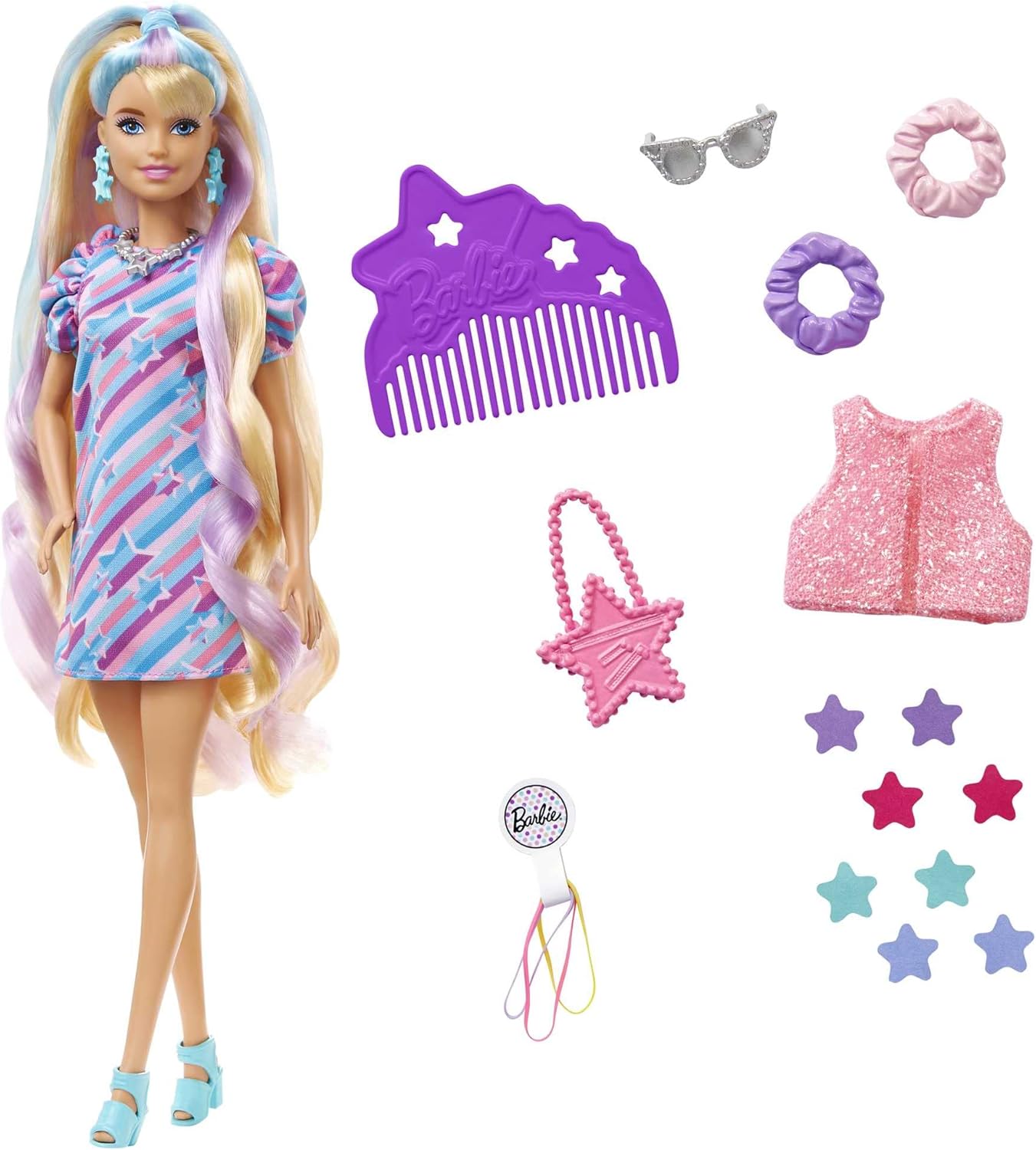 Barbie Boneca Totally Hair, Boneca Barbie com cabelo loiro com mechas azuis e rosa, 15 acessórios de estilo, incluindo 8 com recursos de mudança de cor, brinquedos para maiores de 3 anos, uma boneca, HCM88