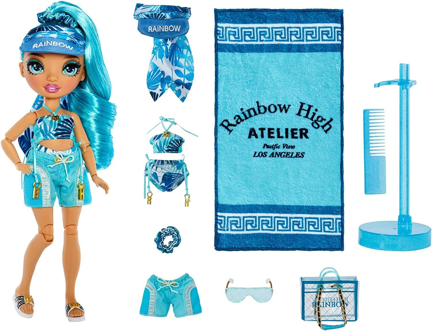 Rainbow High Costa do Pacífico - HALI CAPRI - Boneca fashion azul com roupa, pernas intercambiáveis e expositor - Inclui toalha, sacola e muito mais - Presente e colecionável para crianças de 6 anos ou mais