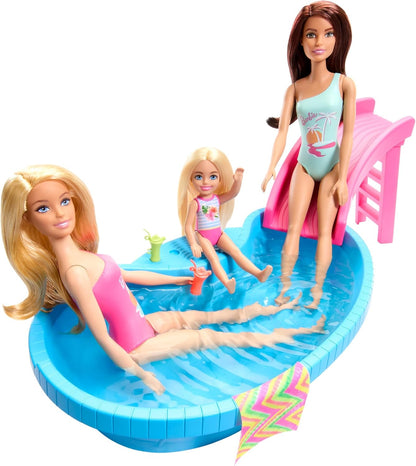 Conjunto de piscina y muñeca Barbie, rubia en traje de baño de una pieza rosa tropical con piscina, tobogán, toalla y accesorios para bebidas, HRJ74