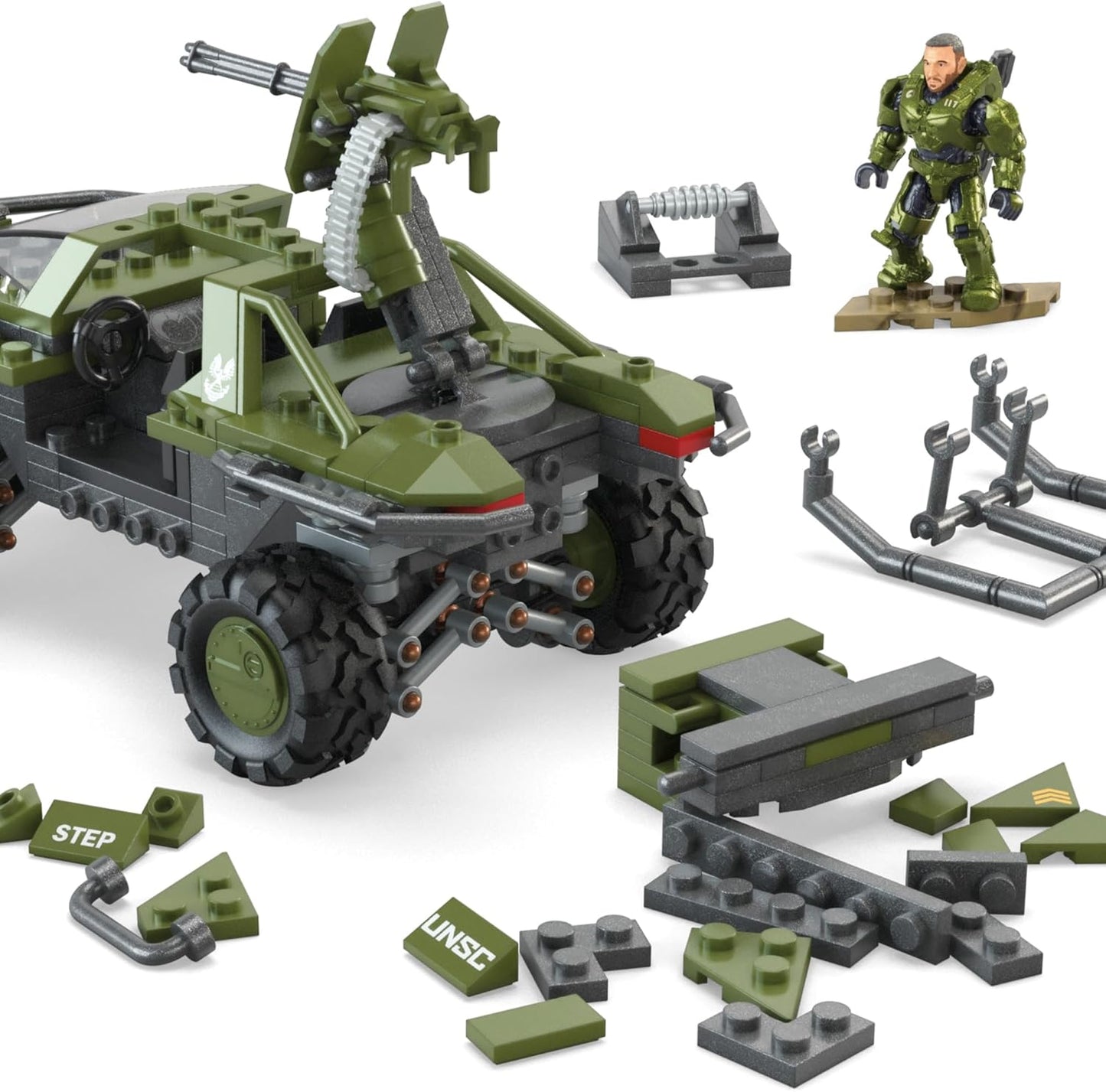 MEGA Conjunto de brinquedos de construção de veículos Halo The Series, FLEETCOM Warthog ATV com 469 peças, 5 micro figuras de ação, articulação articulável, crianças e fãs