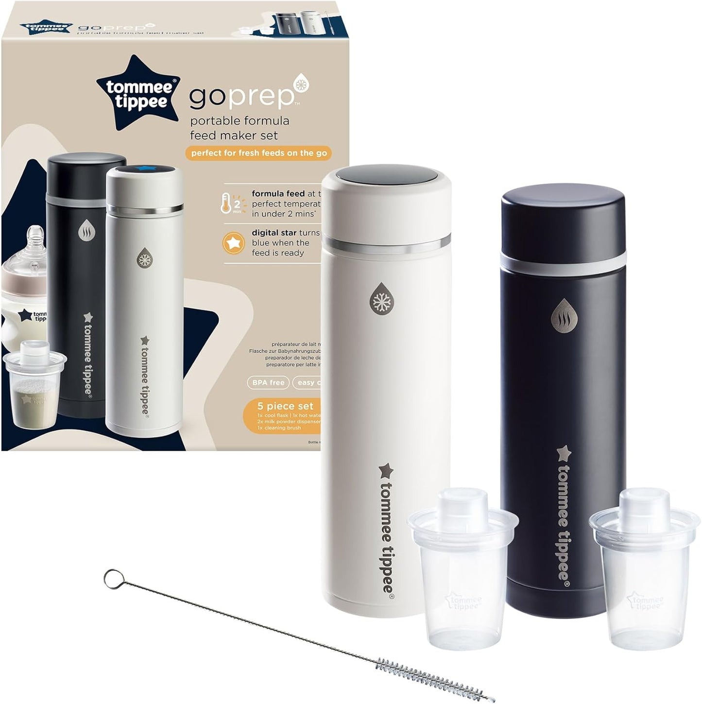 Tommee Tippee GoPrep Formula Feed Maker Set, prepara el biberón perfecto de fórmula en 2 minutos, biberones portátiles fríos y calientes con pantalla digital LED de temperatura