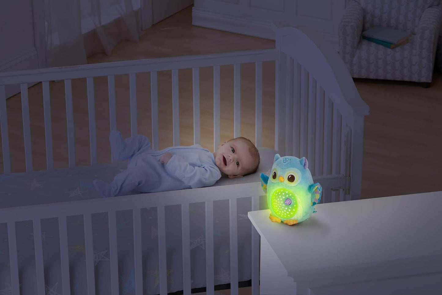 VTech Baby Twinkle Lights Owl, brinquedo calmante para bebês com sons da natureza, ruído branco, melodias e músicas, presente para bebês de 0, 3, 6, 9 meses +, versão em inglês