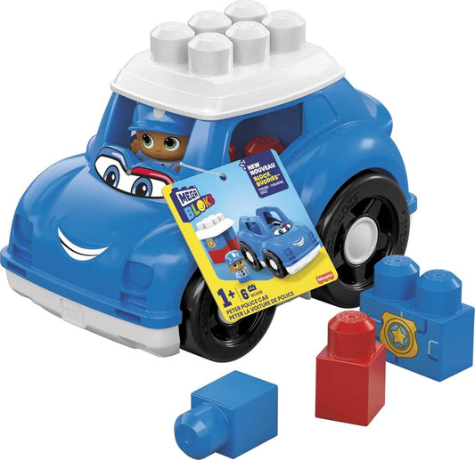 MEGA Conjunto de construção BLOKS Peter Police Car com 1 carro de polícia, 1 policial Block Buddies e 4 blocos de construção grandes, conjunto de brinquedos para presente para maiores de 1 ano