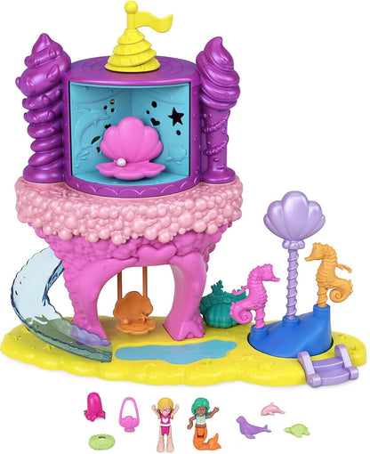 Polly Pocket Conjunto de brinquedos Rainbow Funland Mermaid Cove Ride, bonecas Polly e sereia, 15 acessórios, recurso de dispensador para surpresas