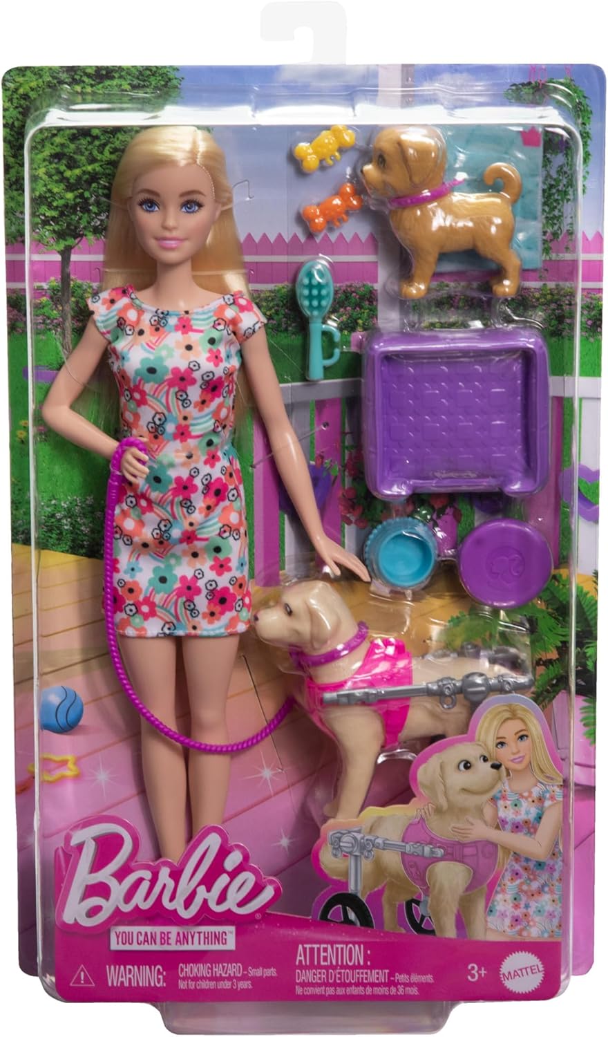 Barbie Boneca com 2 cachorros de brinquedo e acessórios para animais de estimação, 1 filhote em uma cadeira de rodas removível com rodas giratórias, conjunto de mais de 10 peças, HTK37