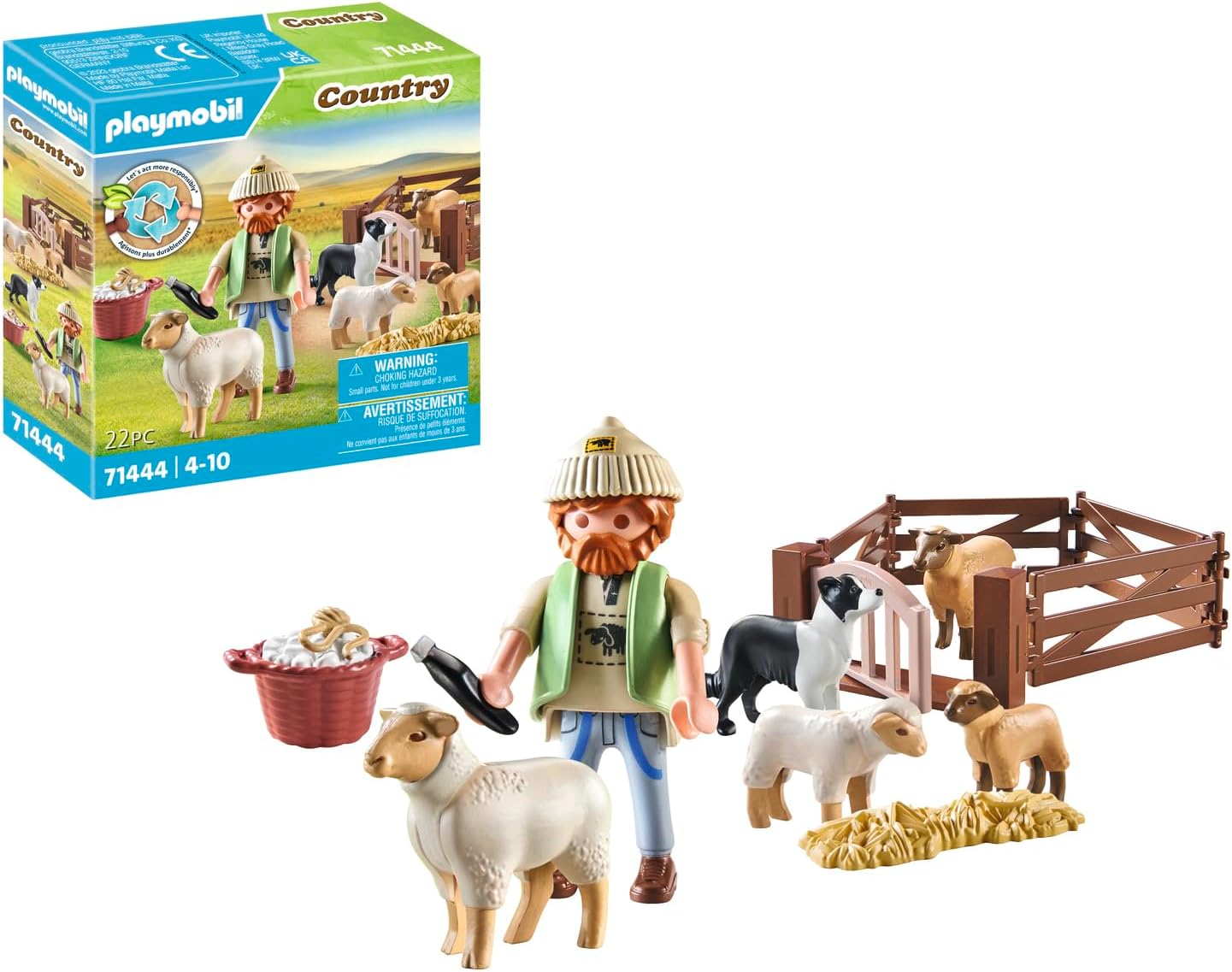 Playmobil 71444 País: Jovem pastor com rebanho de ovelhas, com border collie, aparador de cabelo e tira de palha, dramatização divertida e imaginativa, conjuntos de jogos sustentáveis adequados para crianças a partir de 4 anos