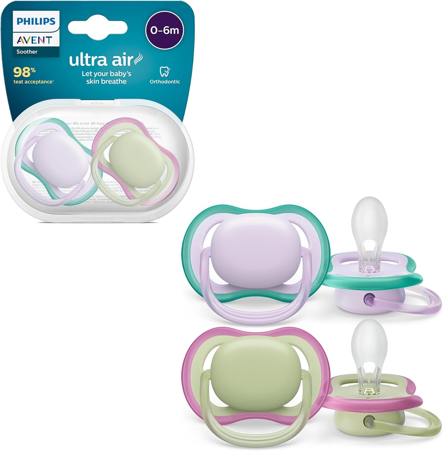 Philips Avent Chupetas Ultra Air, chupetas leves e respiráveis para bebês de 0 a 6 meses, sem BPA, com estojo de transporte para esterilizador, pacote com 2, modelo SCF085/24