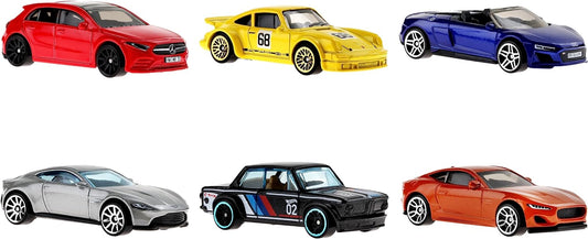 Hot Wheels European Car Culture Multipacks de 6 autos de juguete, escala 1:64, decoraciones auténticas, modelos populares, ruedas giratorias, regalo para niños a partir de 3 años y coleccionistas, HLK51