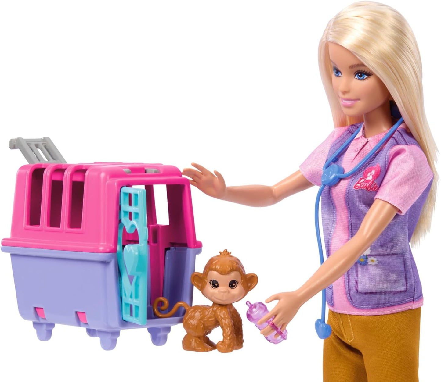 Barbie  Boneca e acessórios Careers, conjunto de resgate e recuperação de animais com boneca loira, bonecos de macaco e tigre, transportadora e muito mais, HRG50