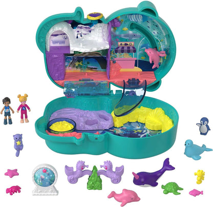 Polly Pocket Otter Aquarium Compact, 2 micro bonecas, 5 revelações e Llama Music Party Compact com palco, pista de dança giratória, barracas de comida, Micro Polly, bonecas Lila, 2 figuras de lhama, folha de adesivos,