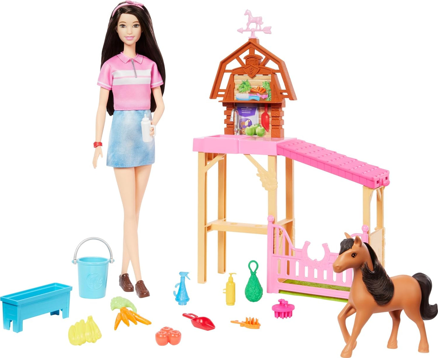 Barbie Conjunto de brinquedos estábulos com boneca fashion, pequeno pônei de brinquedo e mais de 10 acessórios, inspirado em Barbie Mysteries: The Great Horse Chase, HXJ40