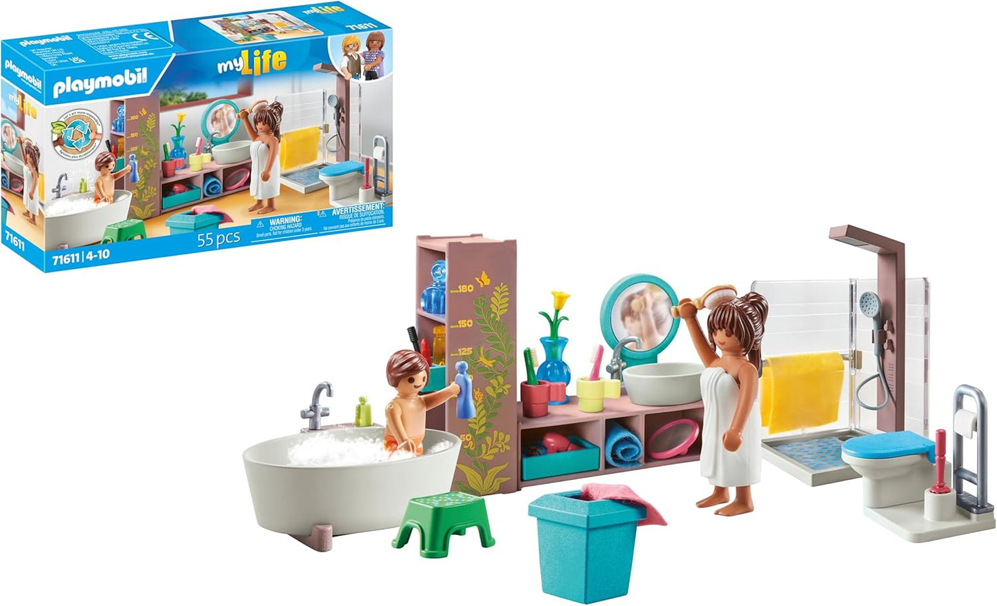 Playmobil 71611 myLife: Banheiro, incluindo duas figuras e vários acessórios, feito com mais de 80% de materiais reciclados e de base biológica, conjuntos de jogos detalhados adequados para crianças a partir de 4 anos