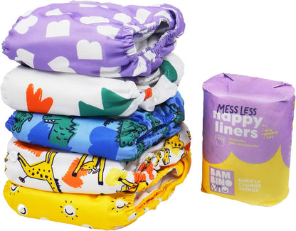 Bambino Mio, conjunto de fraldas de pano - O pacote Give-it-a-go, 5 x fraldas, 100 forros sem bagunça (Brave & Bold)