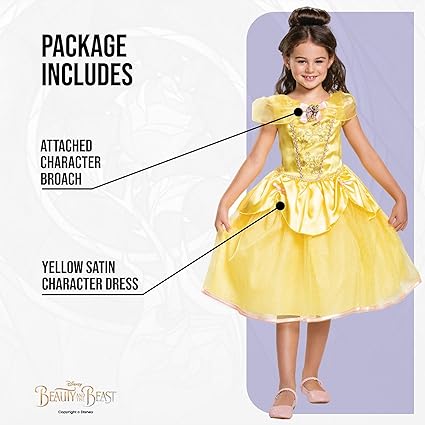 DISGUISE Disney Official Deluxe Princess Belle Dress Up para meninas, Belle Costume Kids, Beauty and the Beast Costume, Belle Fancy Dress Outfit, Fantasias do Dia Mundial do Livro para meninas