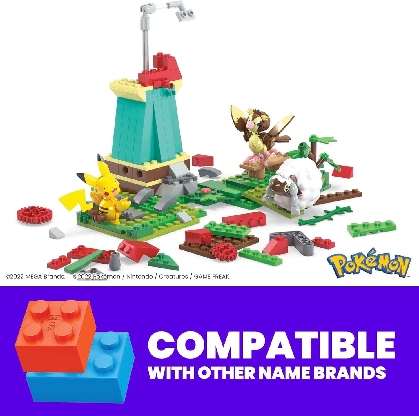 MEGA Conjunto de brinquedos de construção Pokémon, moinho de vento rural com 240 peças, movimento e 3 figuras de ação articuladas, para crianças, HKT21