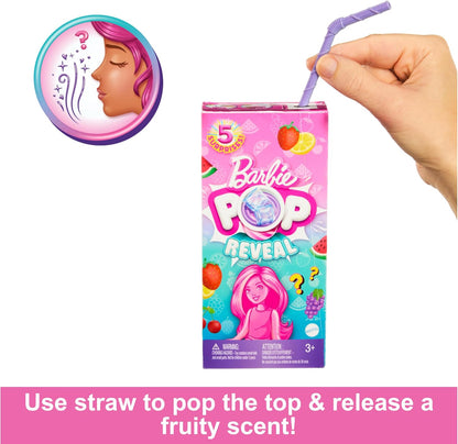 Barbie  Boneca pequena Pop Reveal Chelsea, série Fruit com 5 surpresas, incluindo bichinho de estimação Pop-It e acessórios, com aroma e mudança de cor (os estilos podem variar), HRK58