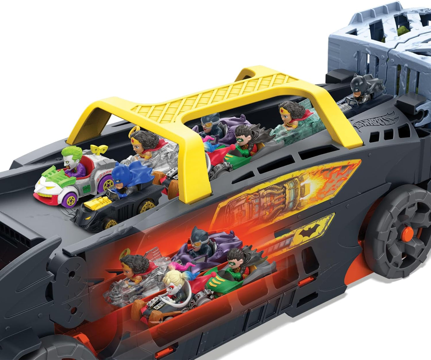 Hot Wheels Toy Cars &amp; Track, RacerVerse Batman's Escape Chase Vehículo a gran escala se transforma en una pista de carreras de 3 carriles con Batman y Joker fundidos