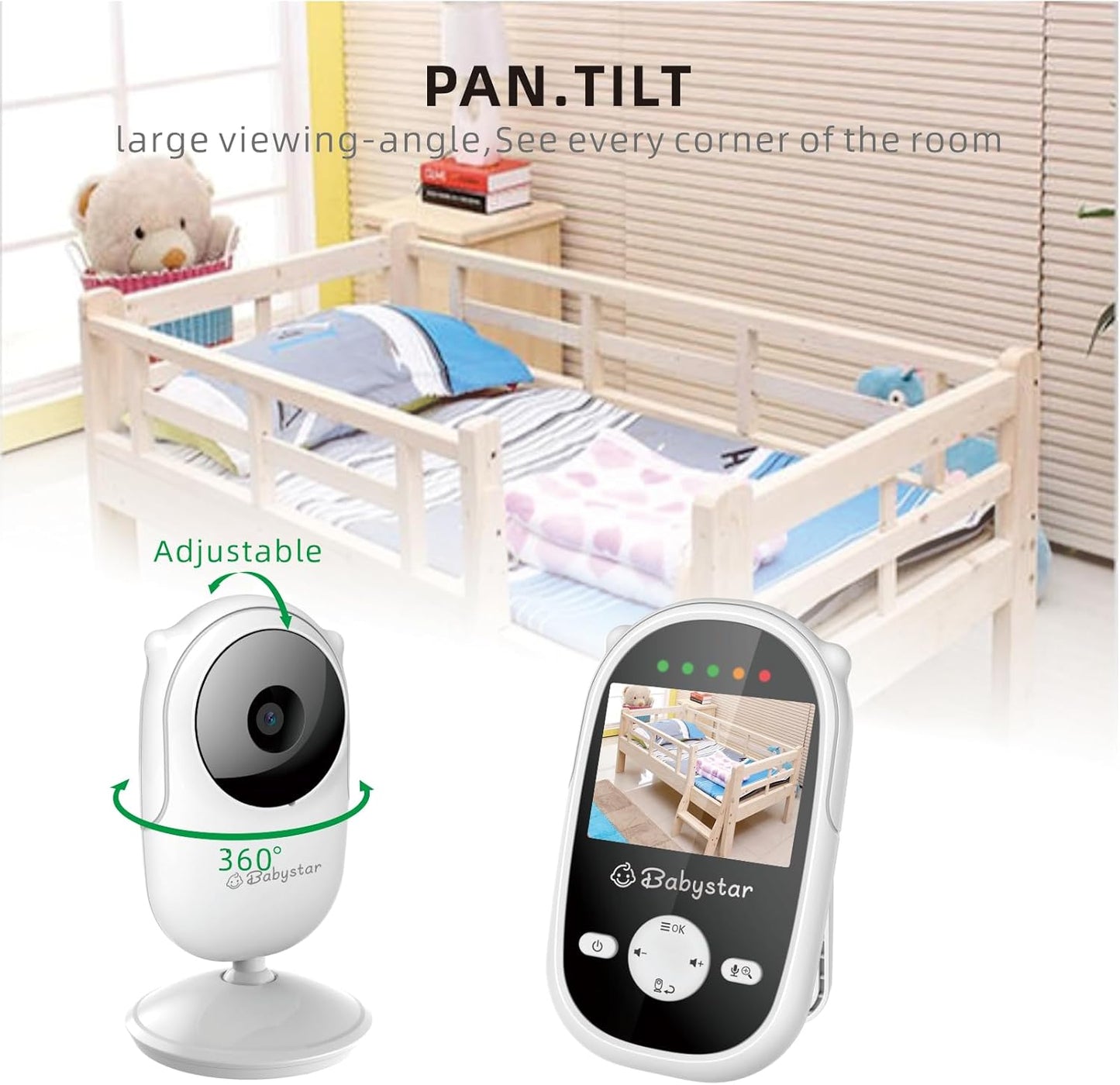 Babystar Monitor de bebê com câmera e visão noturna, monitor de bebê de vídeo sem fio com bateria recarregável, conversa bidirecional, tela HD de 2,4 polegadas, lembrete de alimentação, 4 canções de ninar