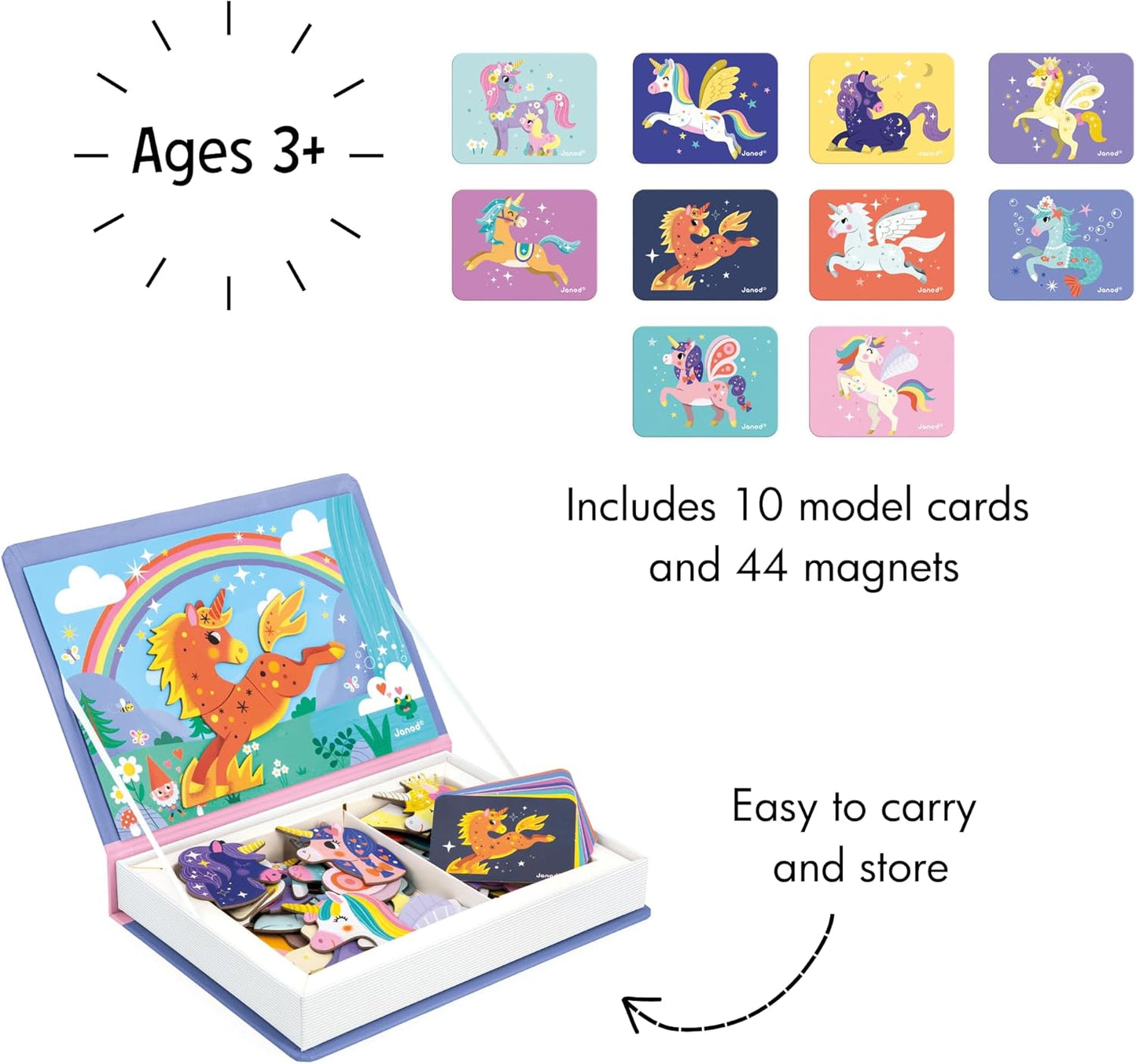 Janod - Magnéti'Book Unicorns - Juego educativo de 44 imanes con 10 cartas modelo - Juguete infantil de cartón FSC - Desarrolla la destreza y la imaginación - A partir de 3 años