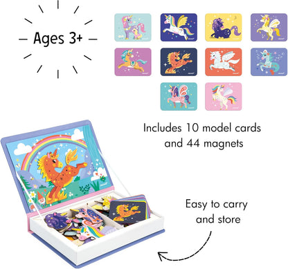 Janod - Magnéti'Book Unicorns - Jogo educativo de 44 ímãs com 10 cartas modelo - Brinquedo infantil de papelão FSC - Desenvolve Destreza e Imaginação - 3 anos +