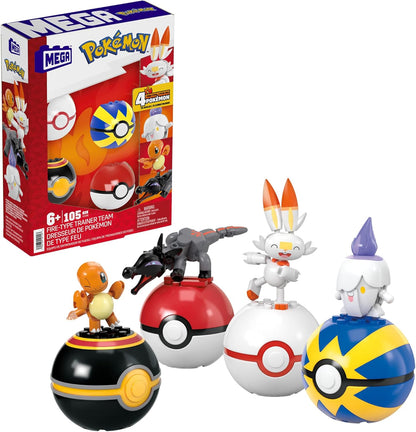 MEGA Brinquedos de construção de bonecos de ação Pokémon, equipe de treinador iniciante com 191 peças, 8 personagens, incluindo Pikachu Charmander Squirtle, para crianças, HTJ75