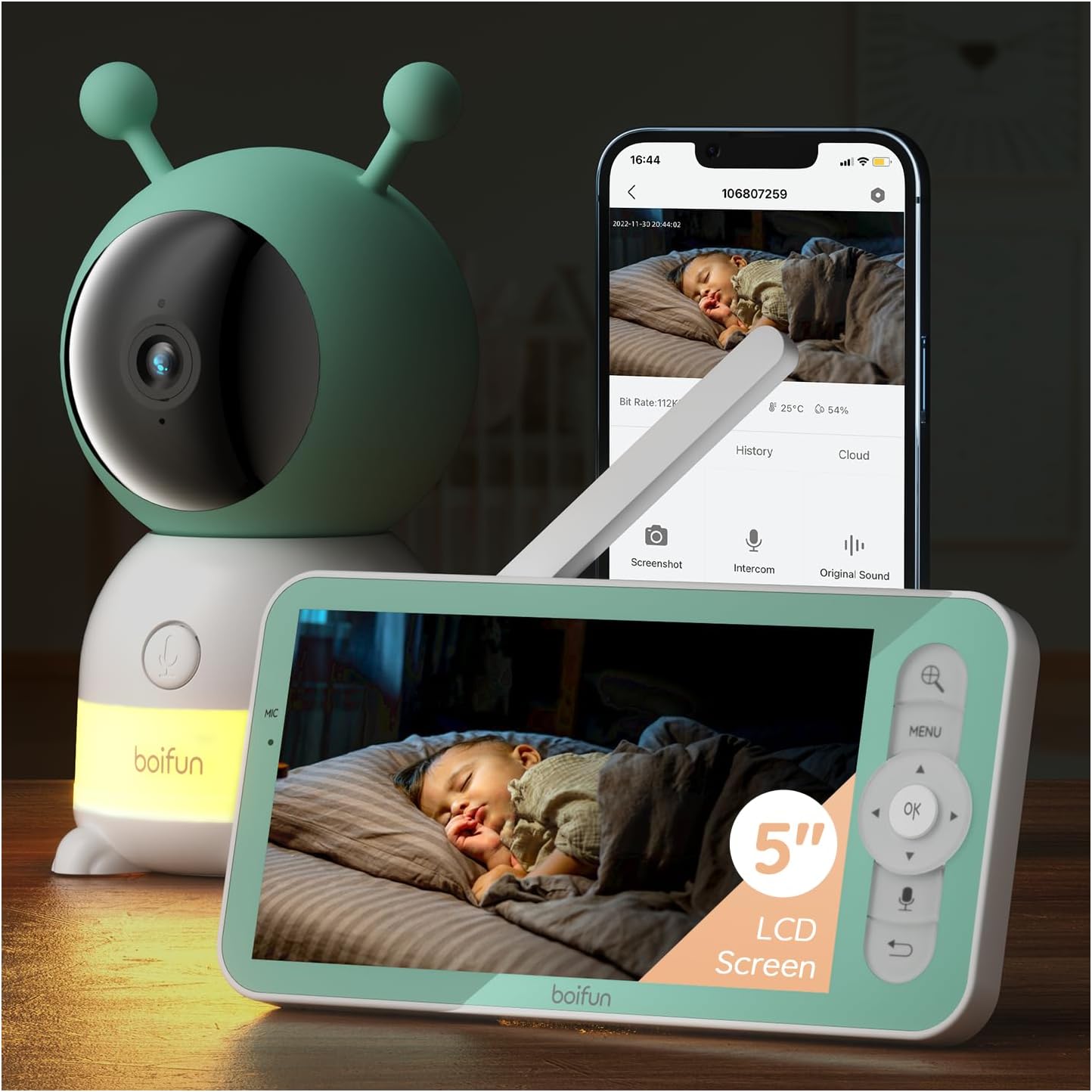 BOIFUN  Monitor de bebê com vídeo Wi-Fi 2K, aplicativo e controle de tela de 5 '', luz noturna, detecção de movimento e choro, PTZ, rastreamento automático, bateria de 3000mAh, sensor de umidade e temperatura, monitor de bebê inteligente com visão noturna