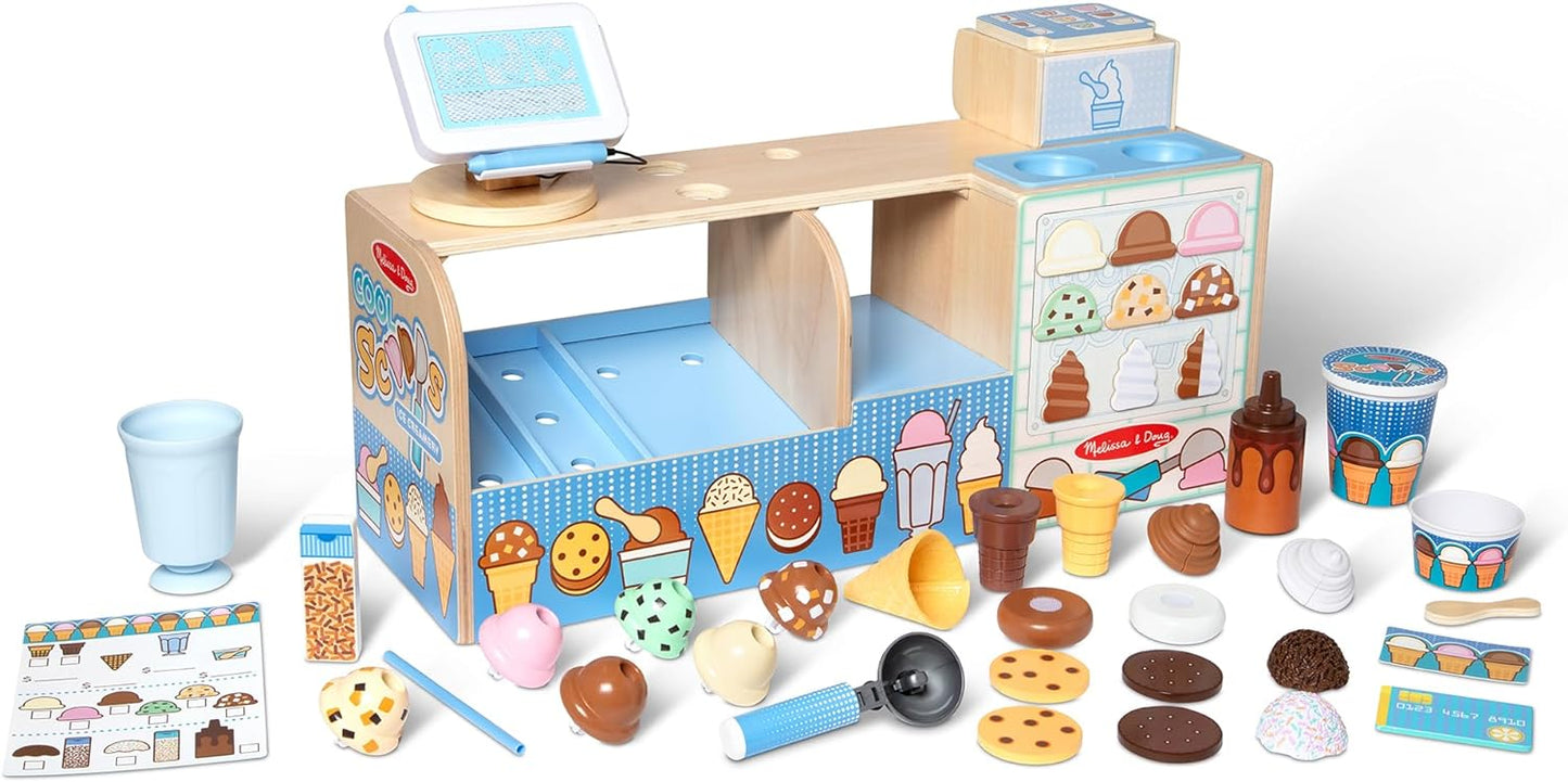 Melissa & Doug Colheres legais de madeira para brincar de sorvete, brinquedo de cozinha, brinquedo de sorvete para meninas e meninos, brinquedo montessori de fingir comida de 3 anos, presente para menino ou menina de 3 anos