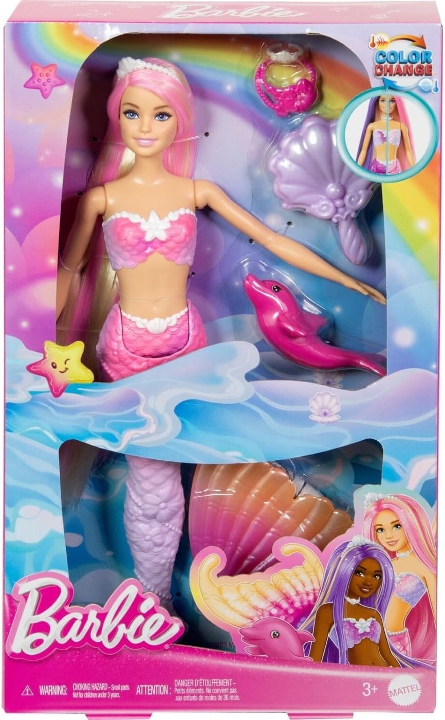 Barbie  Mermaid Doll, “Malibu” with Pink Hair, Styling Accessories, Pet Dolphin and Water-Activated Color Change Feature, HRP97