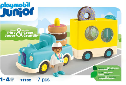 Playmobil 71702 JUNIOR: Crazy Donut Truck com recurso de empilhamento e classificação, brinquedos educativos, feitos de mais de 90% de plásticos à base de plantas, brinquedo para presentear, adequado para crianças de 12 anos