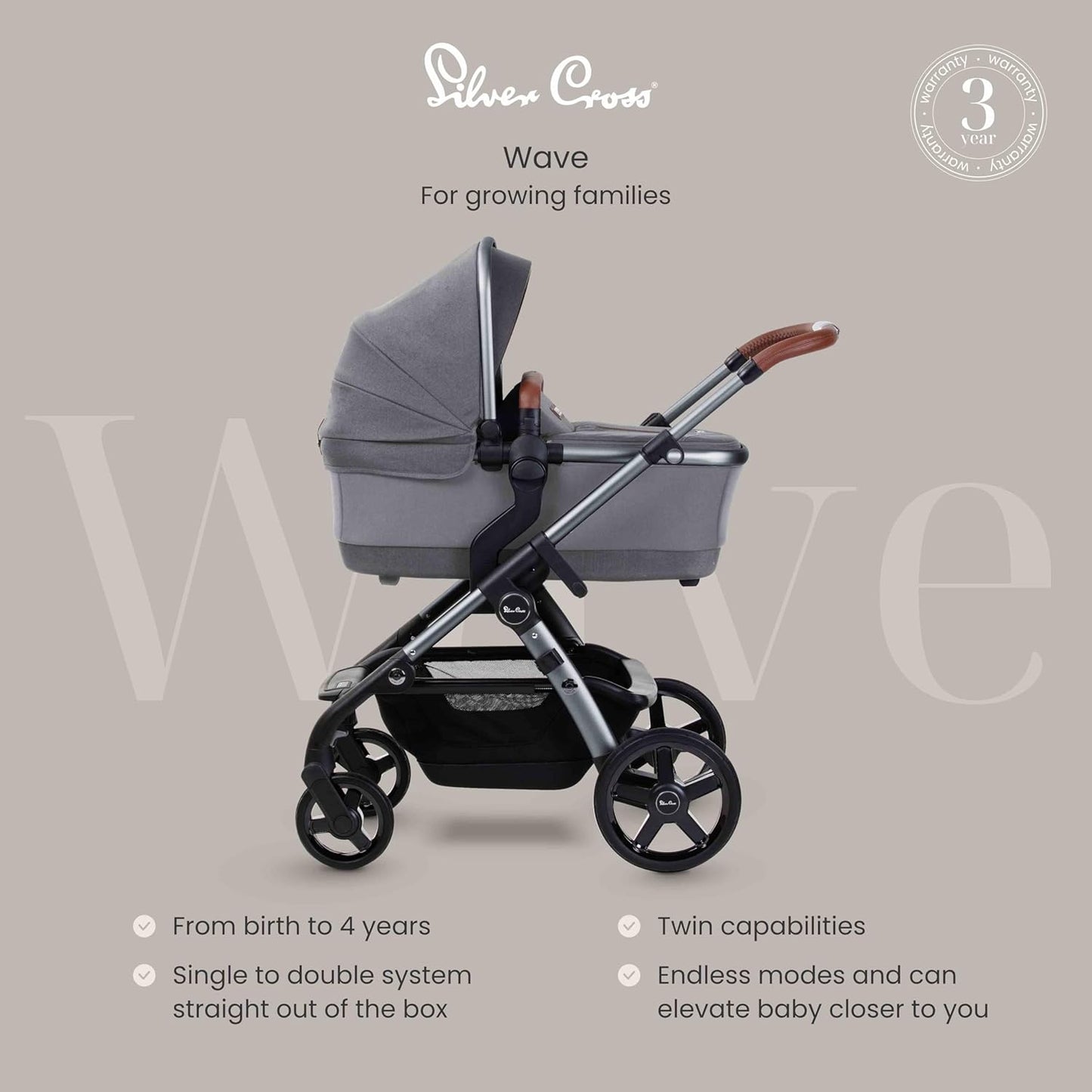 Silver Cross - Carrinho de bebê Wave simples a duplo e pacote de sistema de viagem Dream i-Size - Carrinho de bebê 2 em 1 - Buggy duplo estreito e sistema de viagem - Recém-nascido a 4 anos (22kg) - Lunar