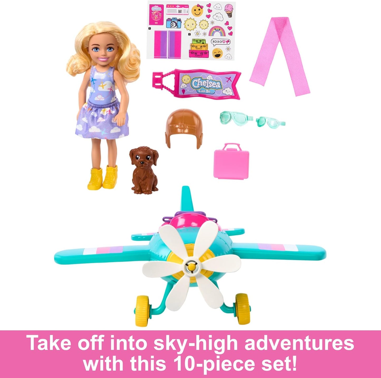 Barbie Chelsea Can Be… Conjunto de boneca e avião, aeronave de 2 lugares com hélice giratória Daisy e 7 acessórios, incluindo cachorrinho e adesivos, HTK38